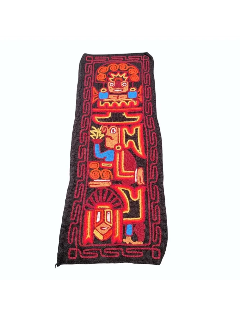 Vintage Peruvian Inca Folk Art Embroidered Wool Wall Hanging Red-Black Tapestry